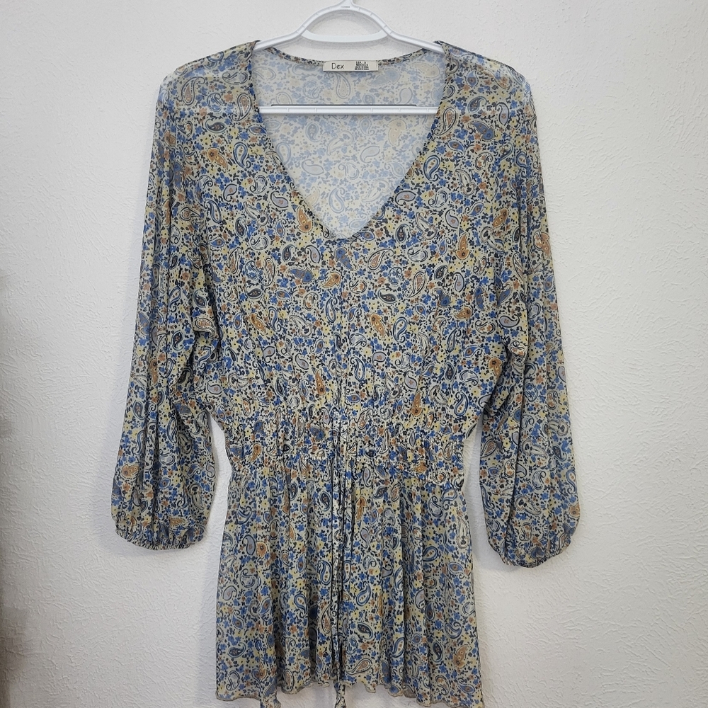 Dex Pleated Blouse Blue Cream‎